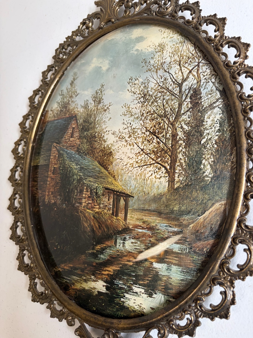 Vintage Convex Glass Landscape Art Ornate Metal Oval Frame Rococo Wall Decor - Picture 5 of 10